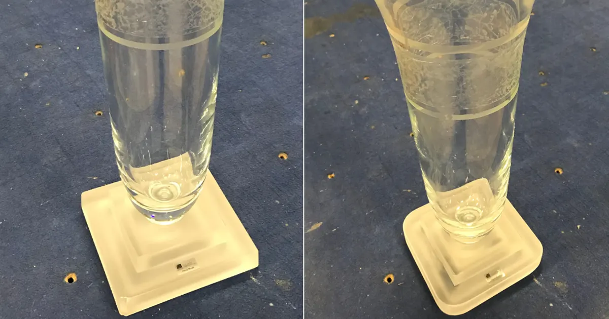 vase en verre ébréché réparé bord arrondi polissage verre sur mesure Colmar